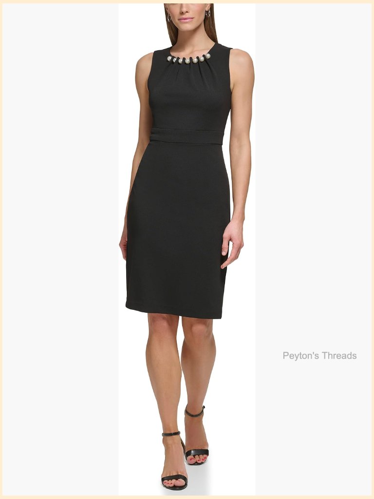 Sleeveless Pearl Neckline Knit Sheath Dress With Net Detail